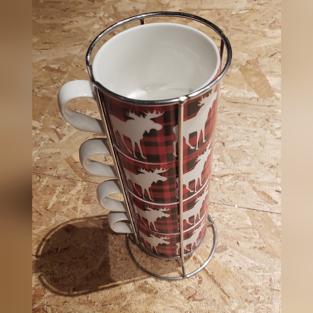 Plaid Moose Stackable Mug Set with Stand